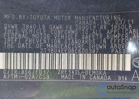 2011 Toyota Corolla S z USA, uszkodzony, nr VIN 2T1BU4EE0BC600387